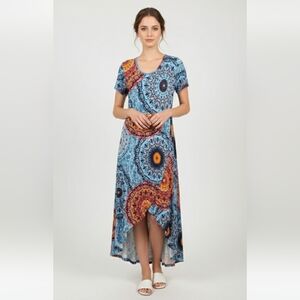 Ayifu Dress Maxi Boho Festival Hi-Low Casual Blue Orange Faux Wrap XL